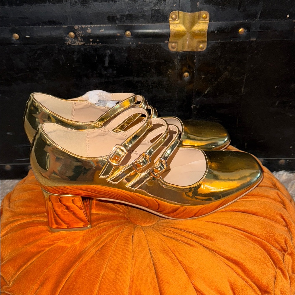 Shiny Gold Double Strap MARY JANE Heels